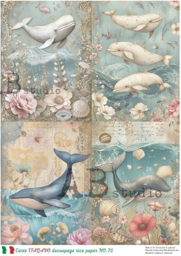 A4 Watercolor Whales Decoupage Paper - Carte Italiano 76