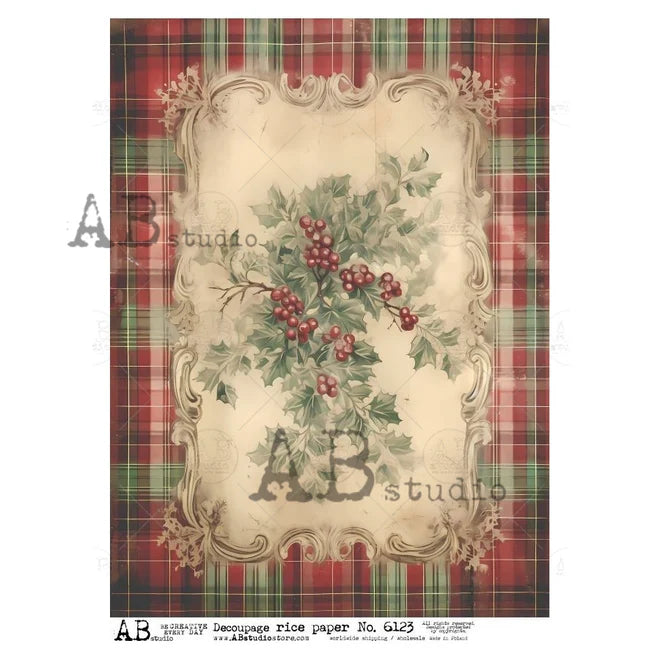 A4 Holly Berry Plaid Decoupage AB6123