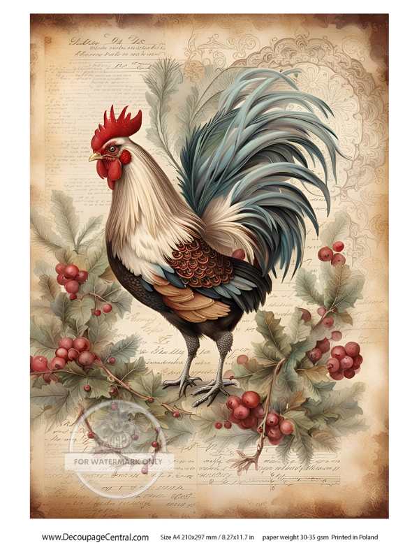 A4 Christmas Rooster DC114 - Decoupage Creations