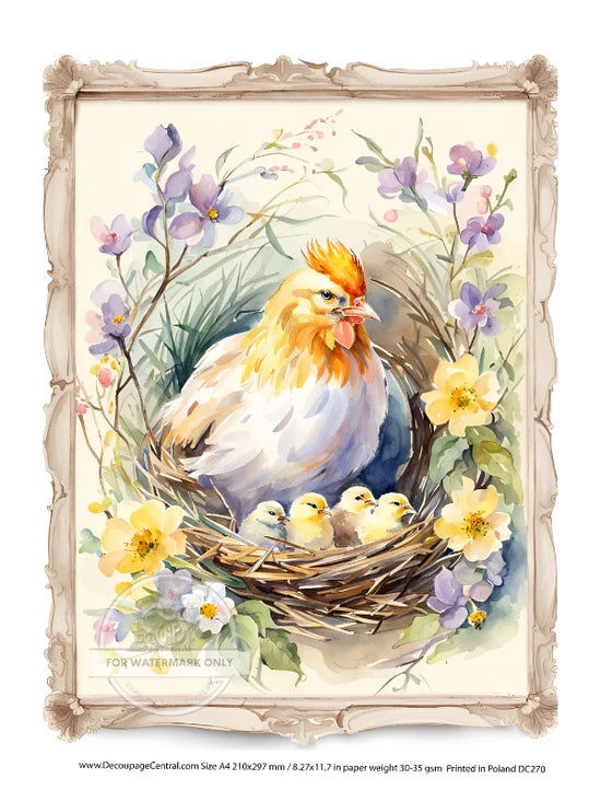 A4 Spring Hen on Nest Decoupage Paper DC270