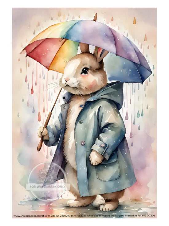 A4 Rainy Day Bunny Decoupage Rice Paper - DC304