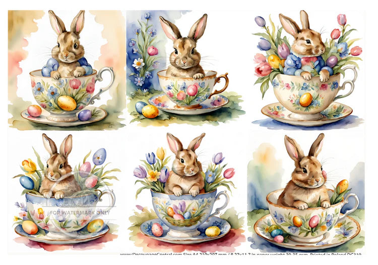 A4 Teacup Bunnies Decoupage Paper - DC319