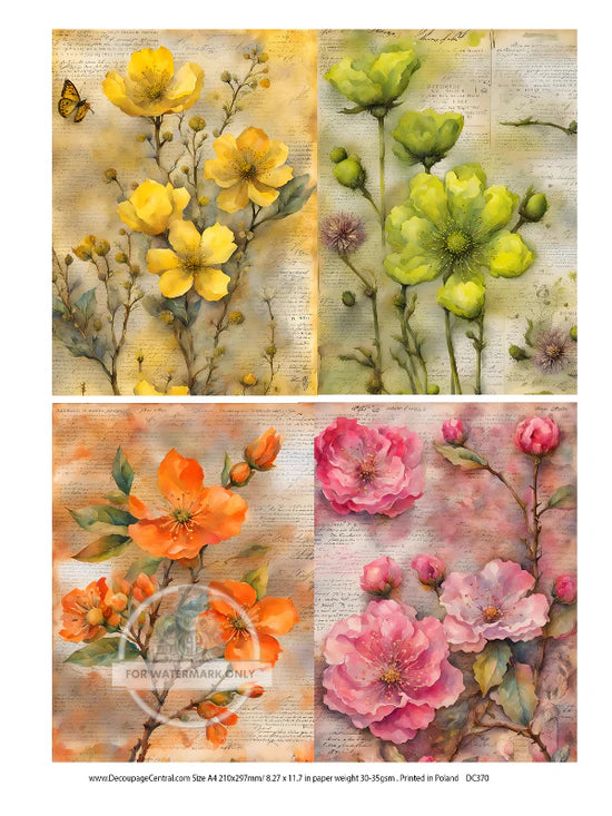 A4 Blooming Parchment Flowers Decoupage Rice Paper - DC370