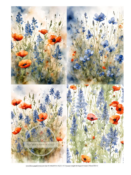 A4 Bluebonnets and Poppies Quad Rice Paper - DC412