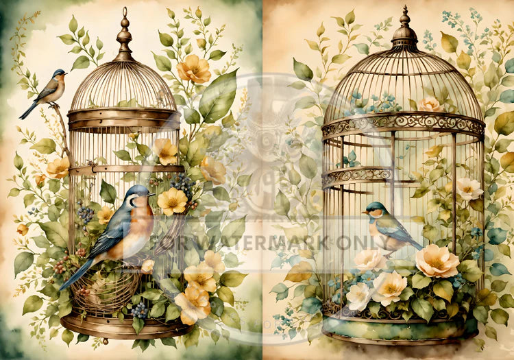 A4 Birdcage Flowers Duo Rice Paper - DC633