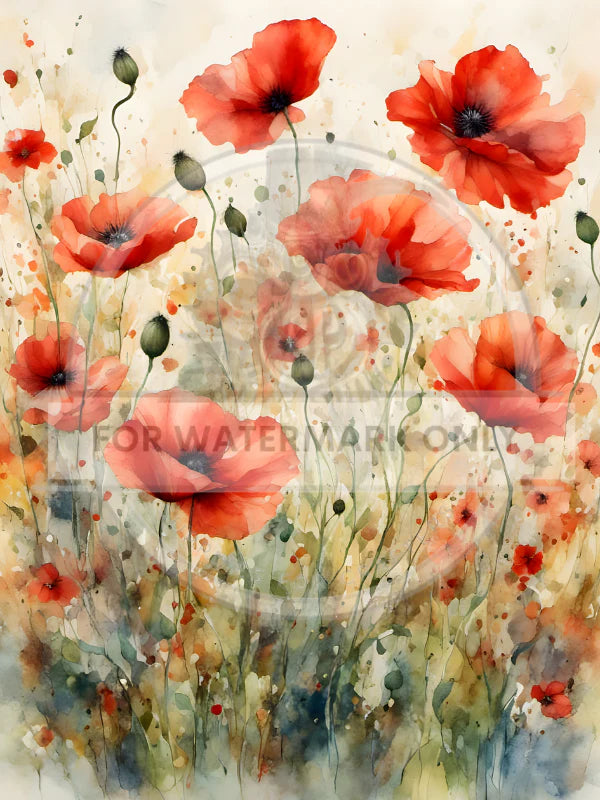 A4 Watercolor Poppies Rice Paper - DC645