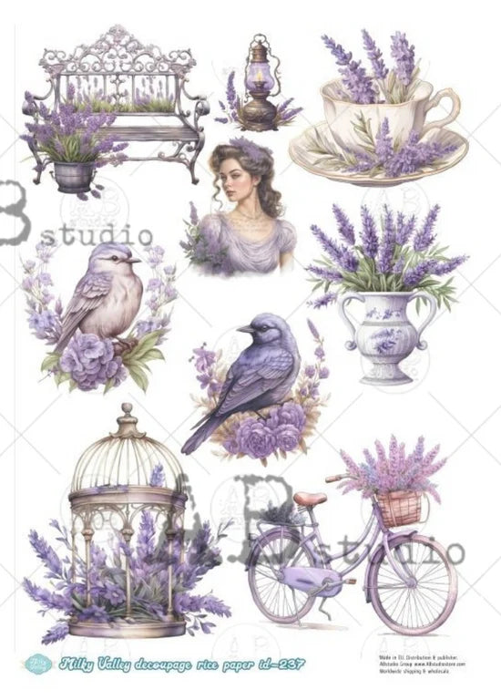 A4 Lavender Elements Decoupage Paper - Milky Valley ID237