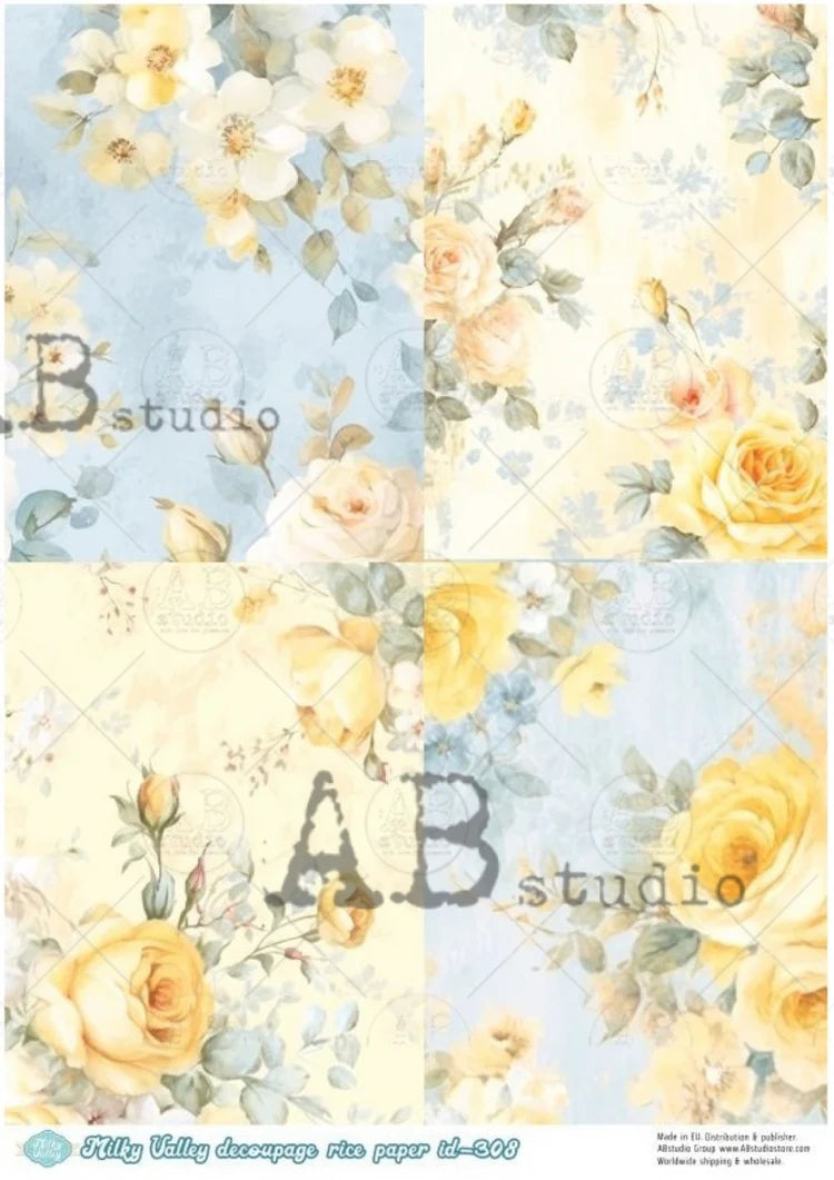 A4 Yellow Rose Quad Decoupage Paper - Milky Valley ID308
