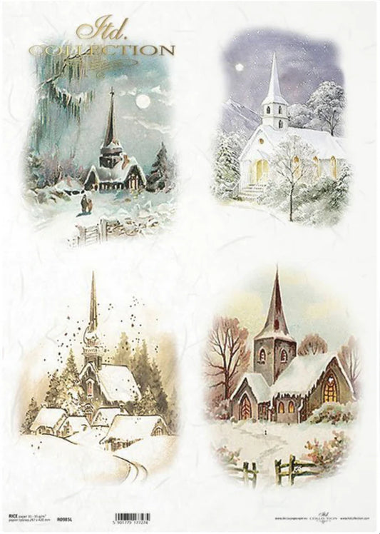 A3 Winter Church Quads Decoupage - R0985L