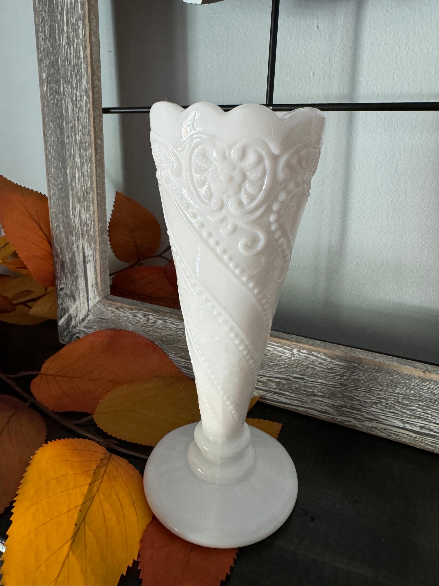 Milk Glass Vase with Intricate Design