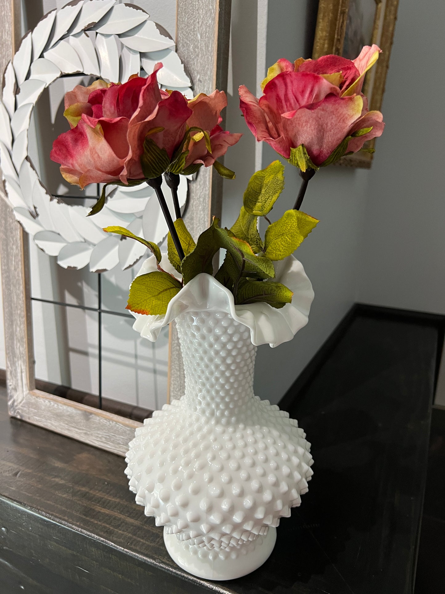 Vintage Fenton Milk Glass Ruffle Rim Vase