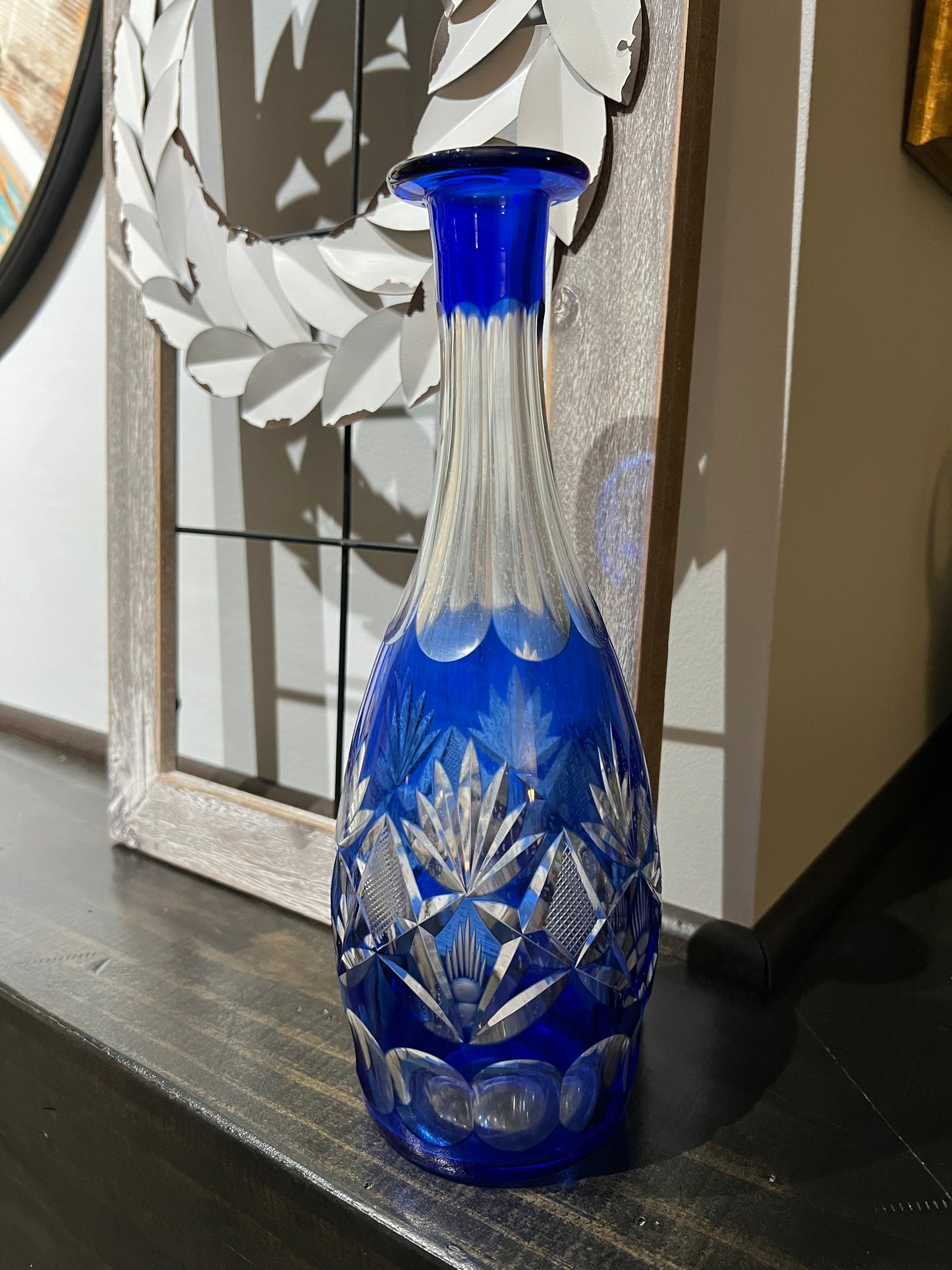 Clear/Blue Cut Crystal Bottle/Vase