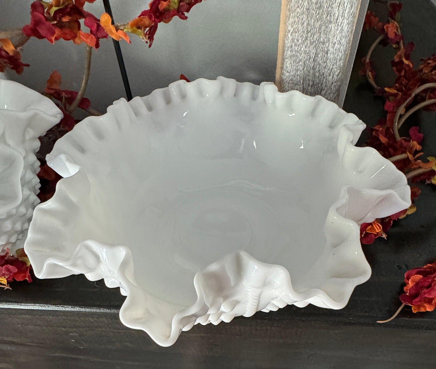 Vintage Fenton Milk Glass Ruffled Bowls