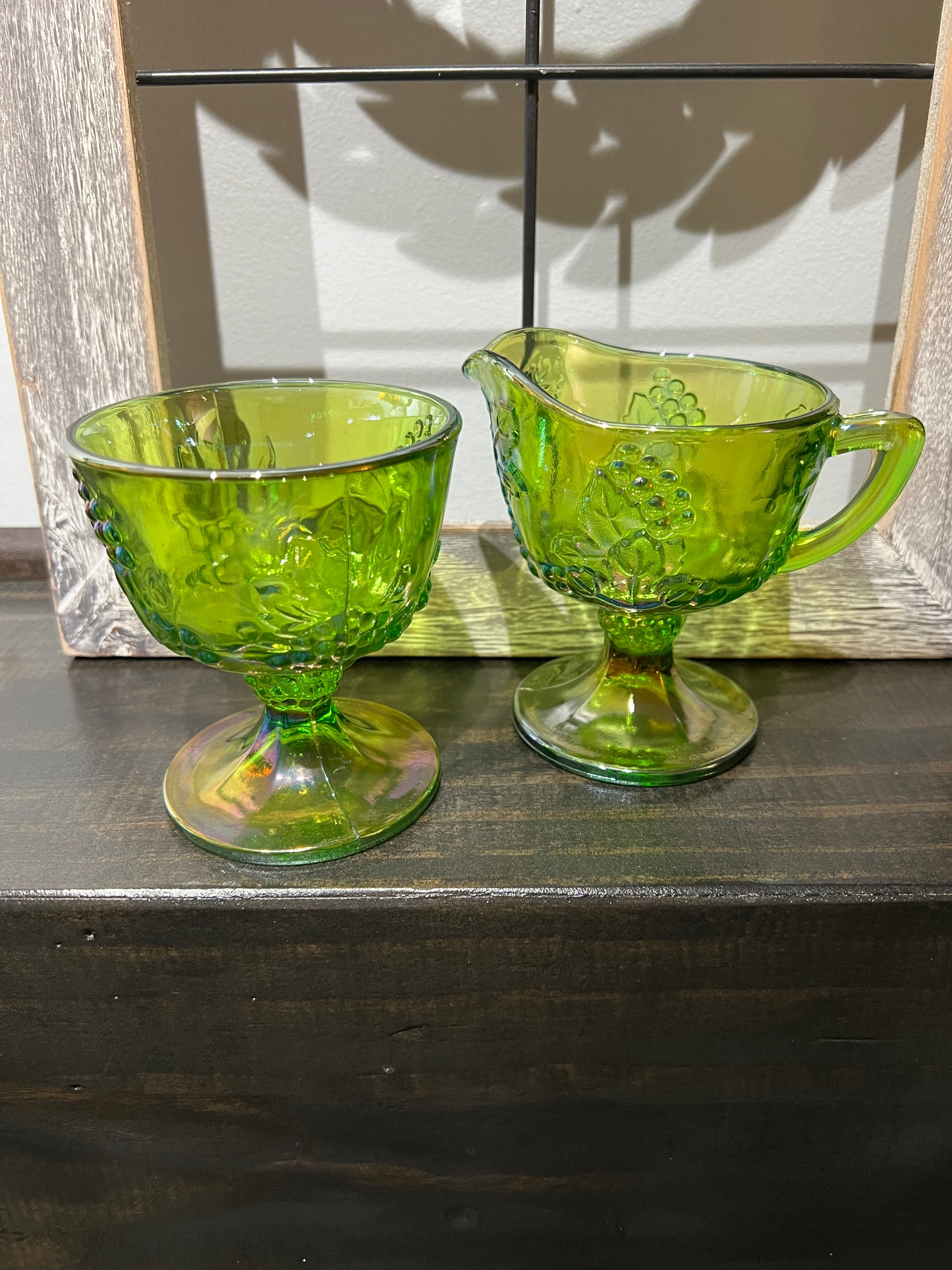 Vintage "Harvest" Indiana Carnival Glass Creamer + Sugar Bowl