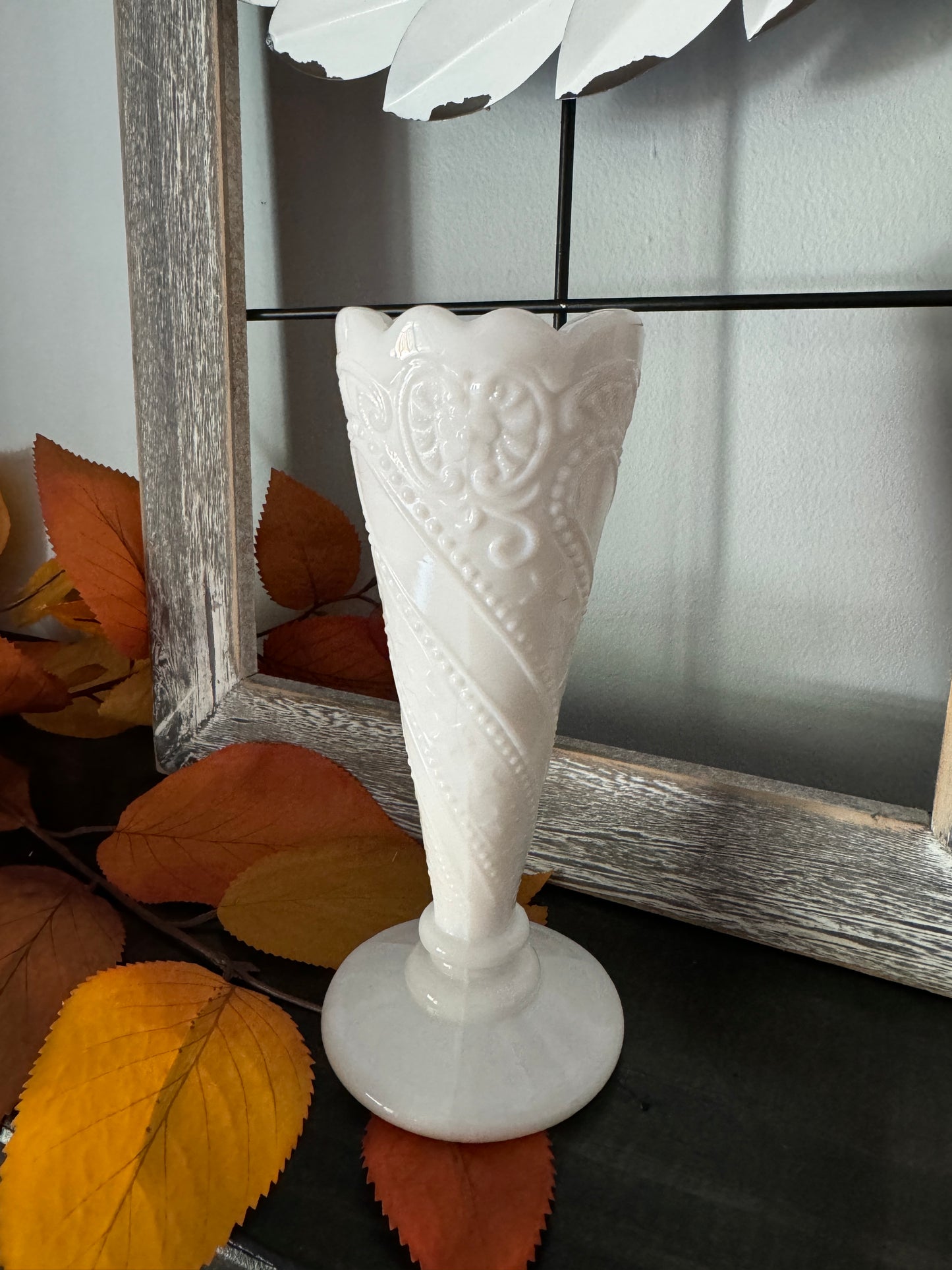 Milk Glass Vase with Intricate Design