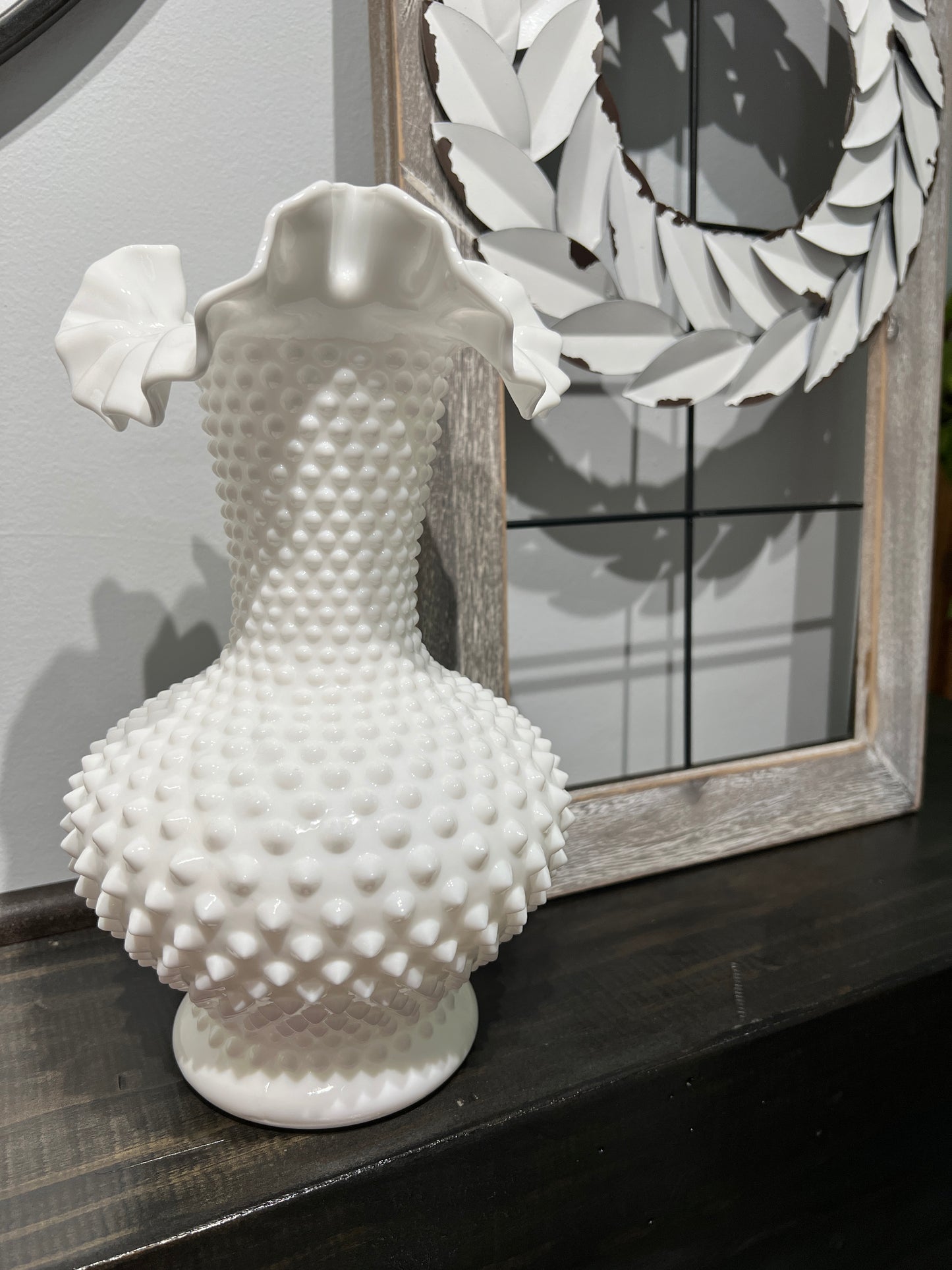 Vintage Fenton Milk Glass Ruffle Rim Vase