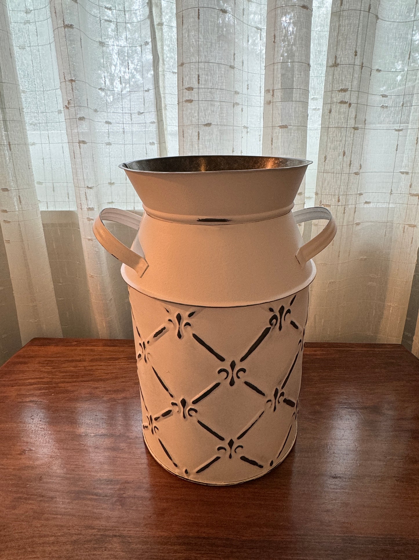 White Fleur De Lis Milk Can