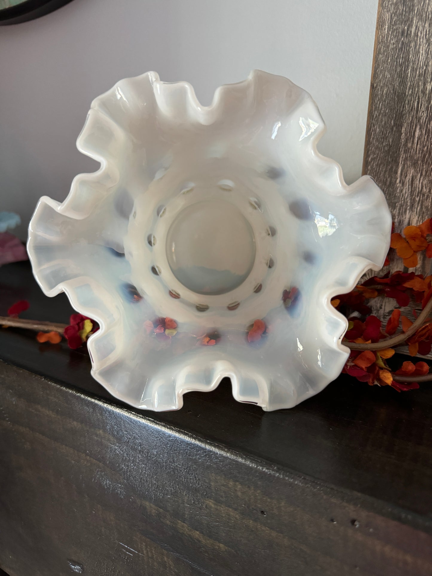 Vintage Fenton White Opalescent Coin Ruffle Vase