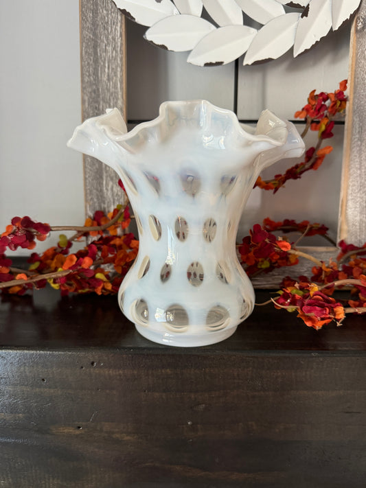 Vintage Fenton White Opalescent Coin Ruffle Vase