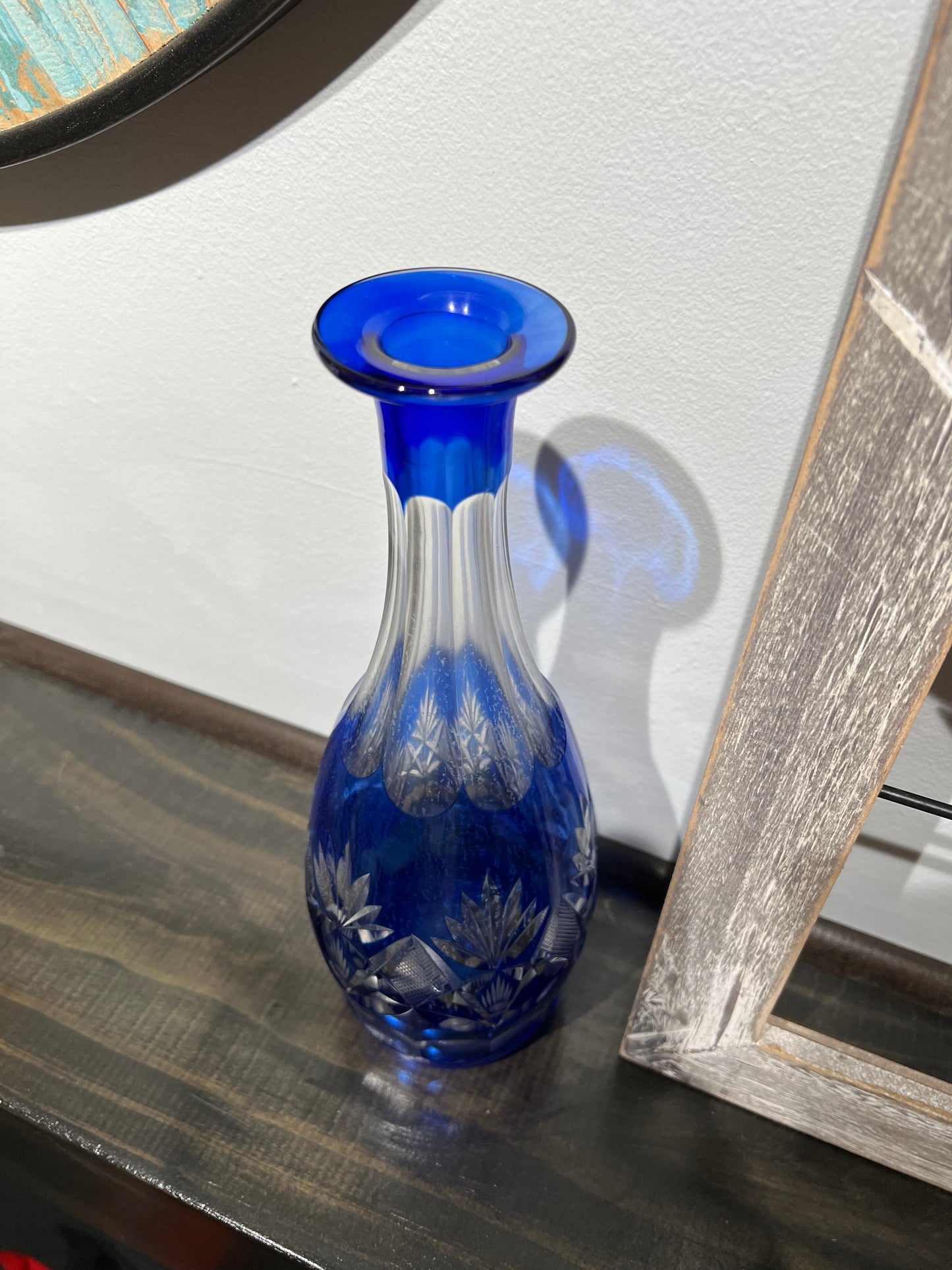 Clear/Blue Cut Crystal Bottle/Vase