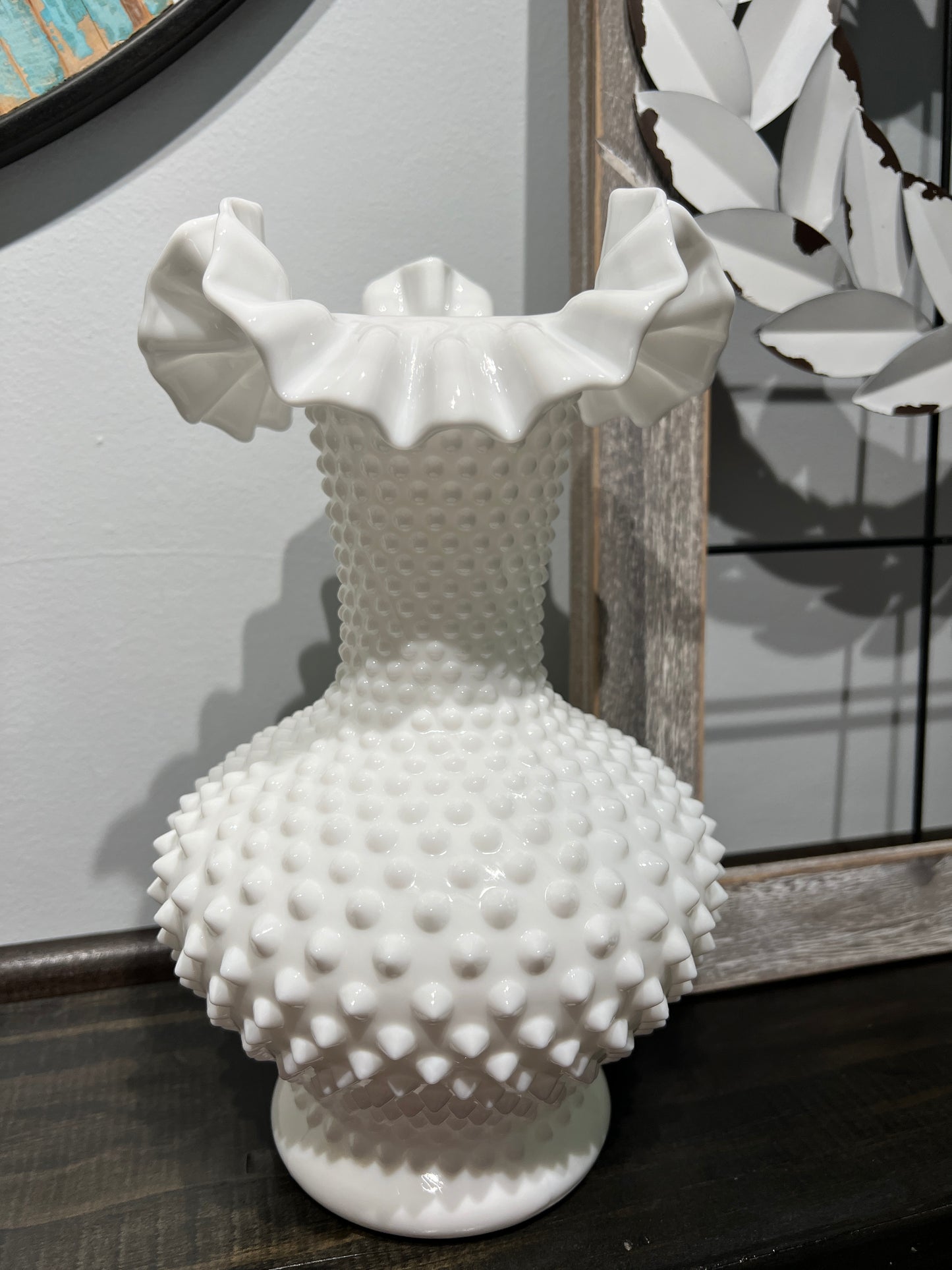 Vintage Fenton Milk Glass Ruffle Rim Vase