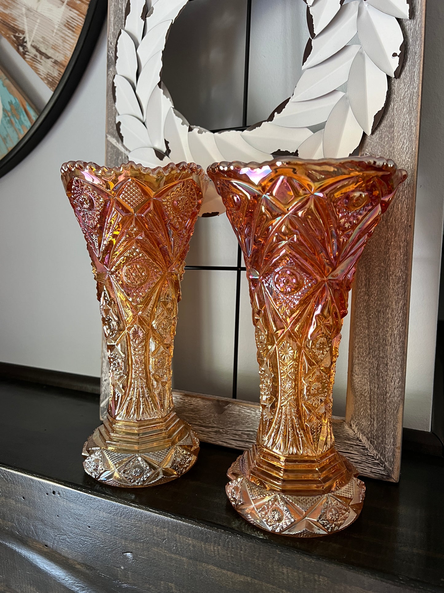 Vintage Imperial Carnival Art Glass Vase Set