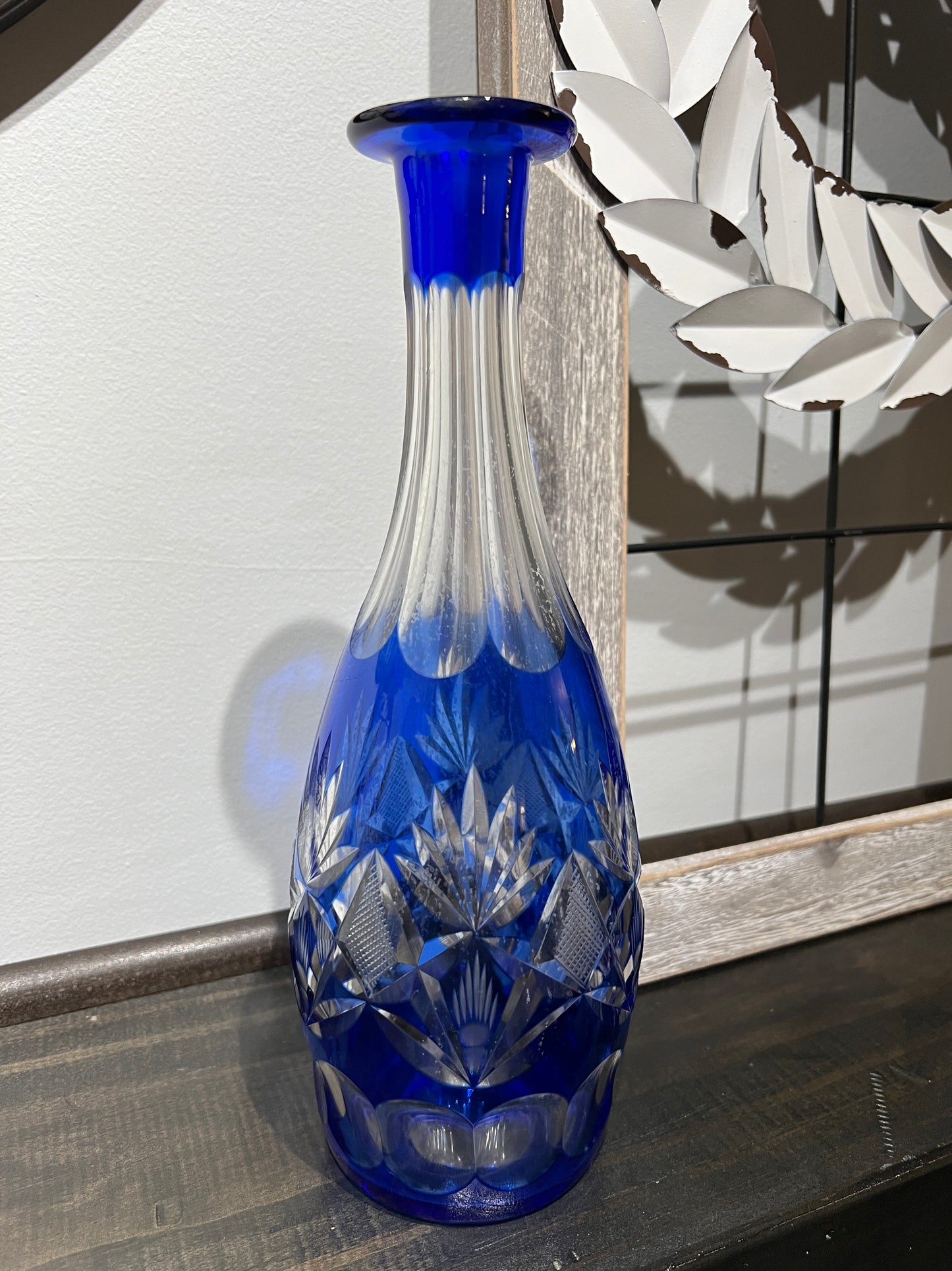 Clear/Blue Cut Crystal Bottle/Vase