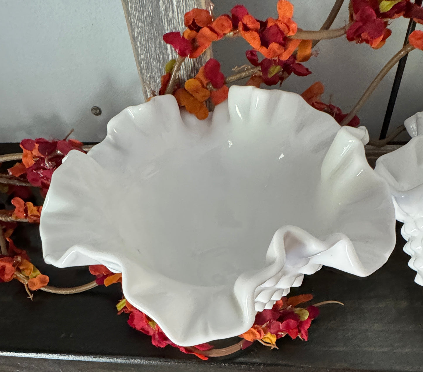 Vintage Fenton Milk Glass Ruffled Bowls